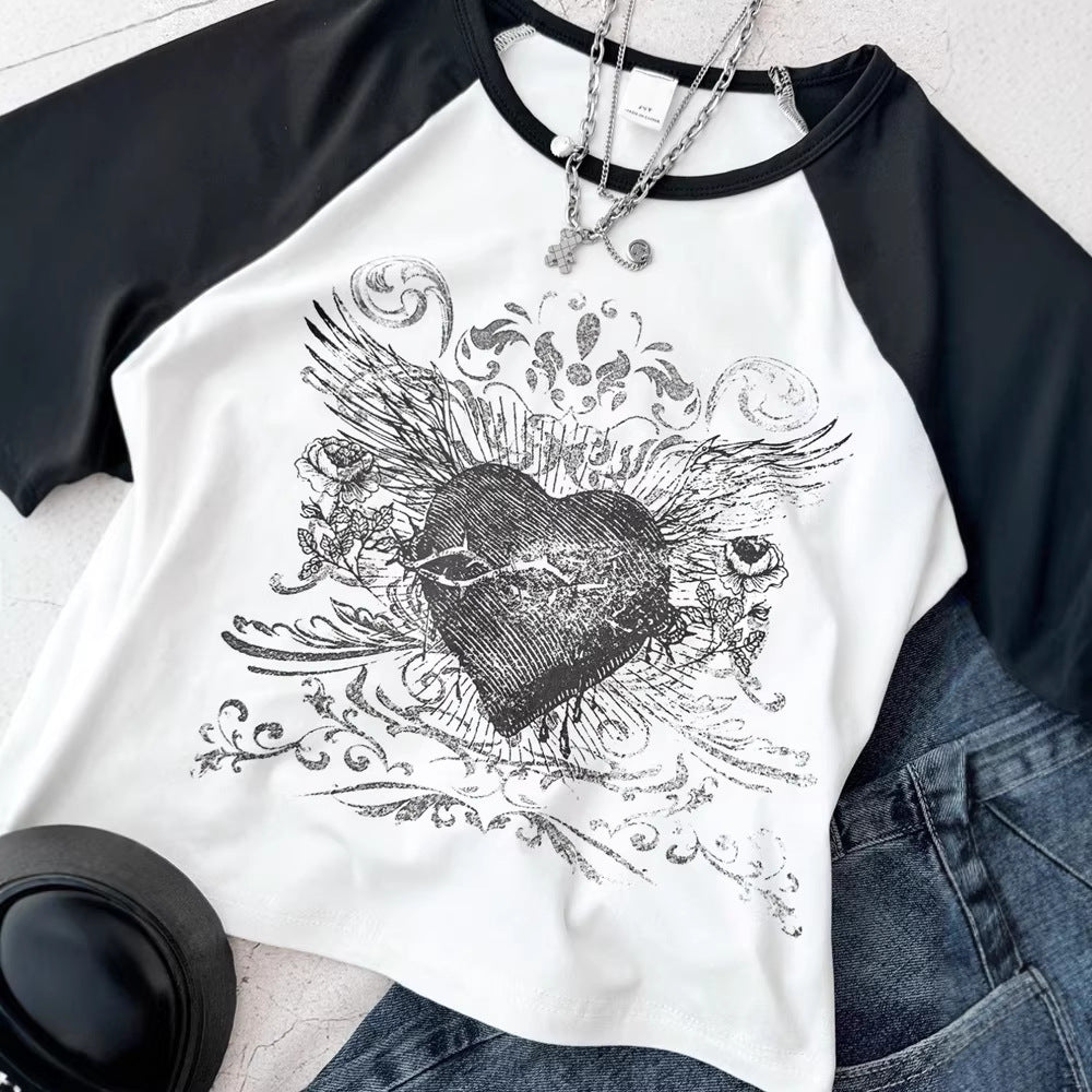 Girls' american retro fashion heart print raglan sleeve black and white color block cropped slim fit top t-shirt