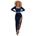 Amazon cross-border fashion:  autumn/winter sexy square neck high slit gold velvet dress - evening party maxi dress