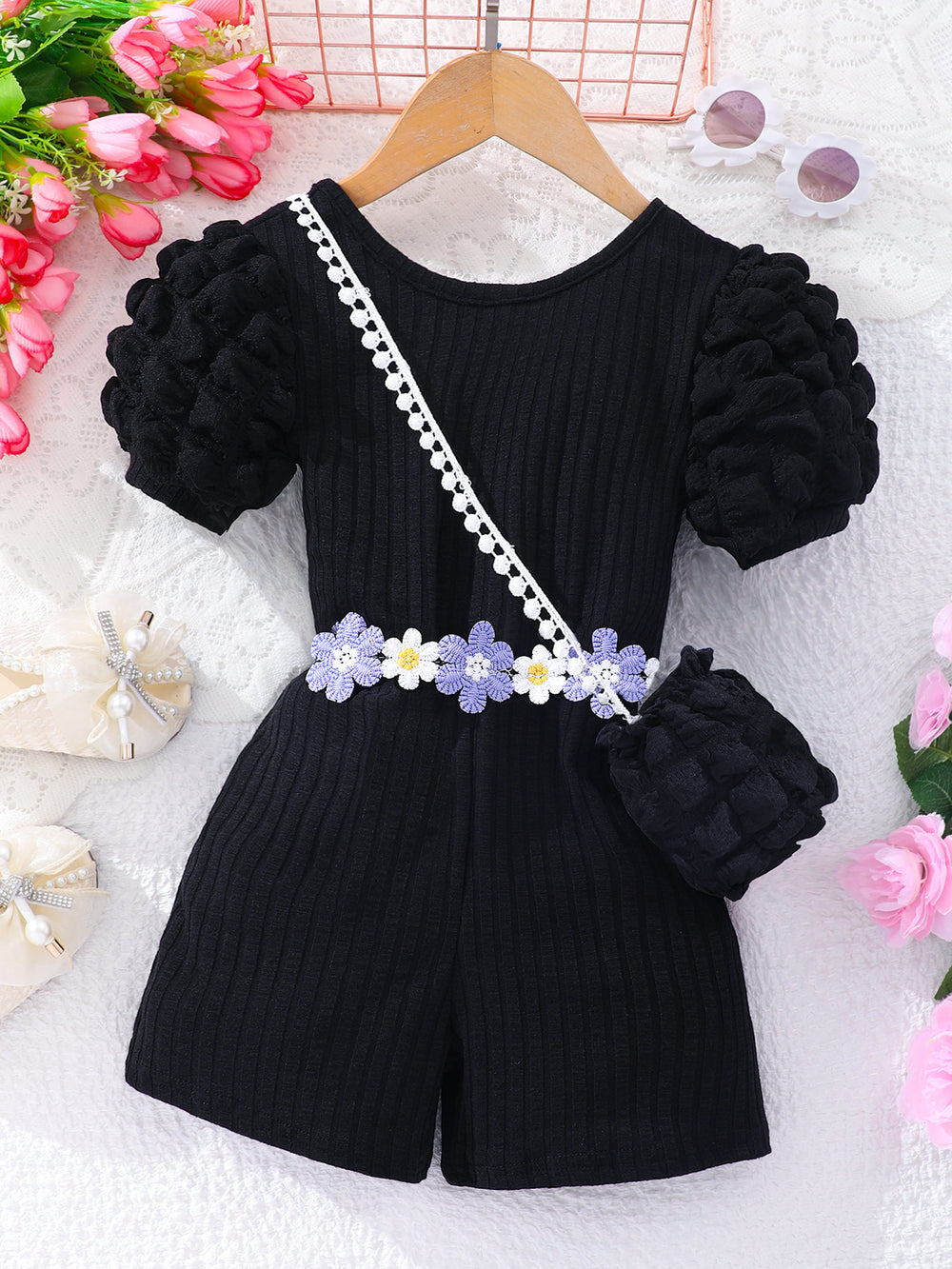 Kids' bubble sleeve ribbed romper with criss-cross back and matching bag