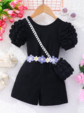 Kids' bubble sleeve ribbed romper with criss-cross back and matching bag