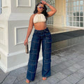 European and american style straight-legjeans  cross-border women's clothing street fashion multi-flap pocket pants exposed seam high waist workwear pants