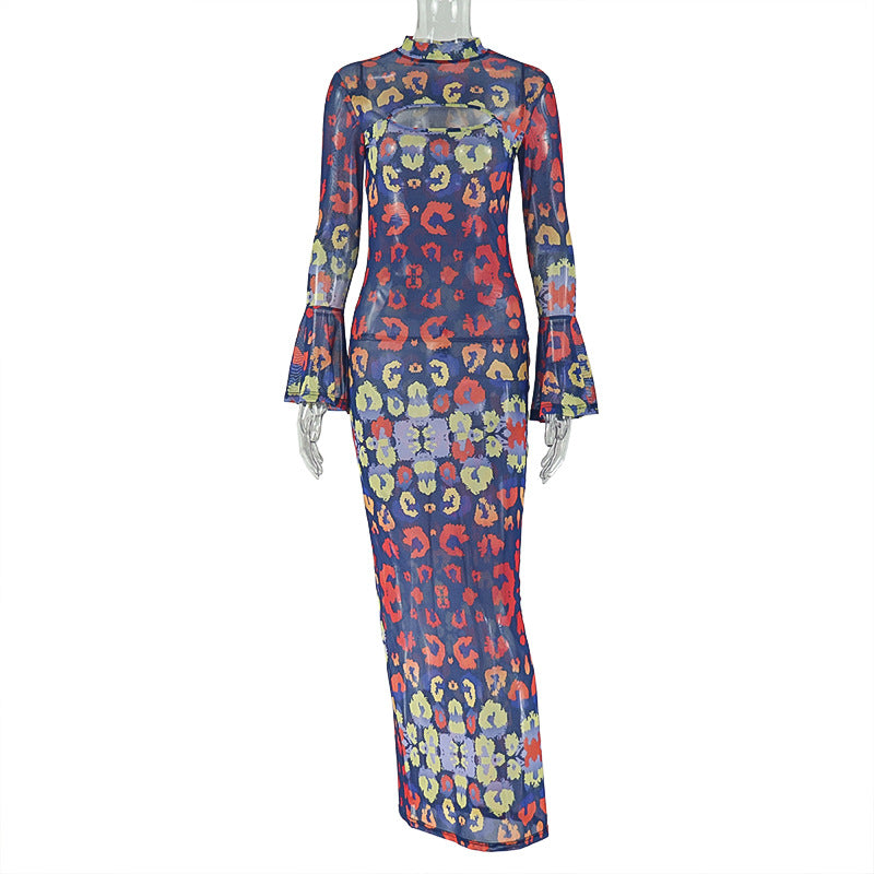 European and american style cross-border retro fashion women's bodycon print mini dress with cutout round neck and flared sleeves