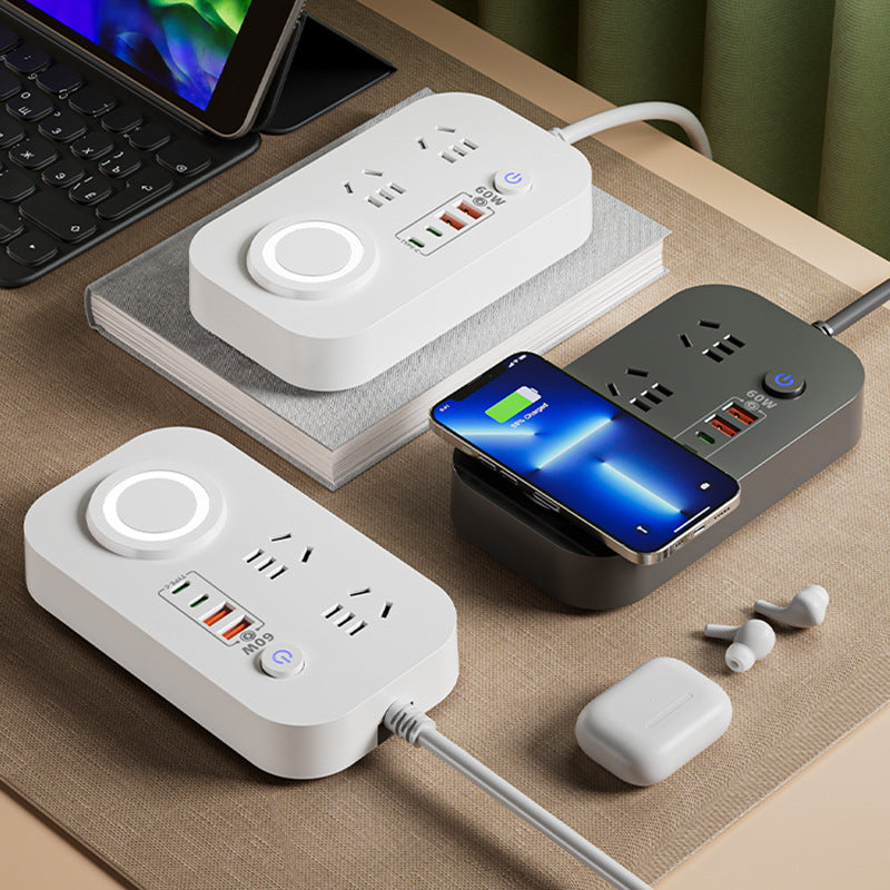 Smart wireless charging socket with multi-function usb super charging 60w power strip, type-c, for office and dorm use