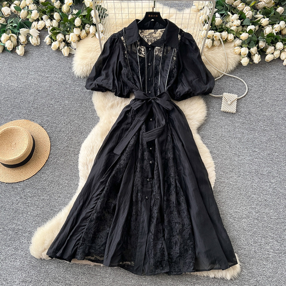 Accessible luxury style puff sleeve embroiderdress women's tie backk-style waist slimming lookclassyelegant large swing long skirt
