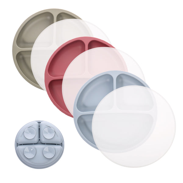 Children's silicone round three-grid plate with PP lid tableware set Baby feeding complementary food plate with small suction cup