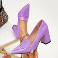 Purple pointed-toe chunky heel patent leather loafers for women, designed with a vintage and elegant style. perfect as single shoes for commuting, these artsy and retro-inspired shoes are a must-have