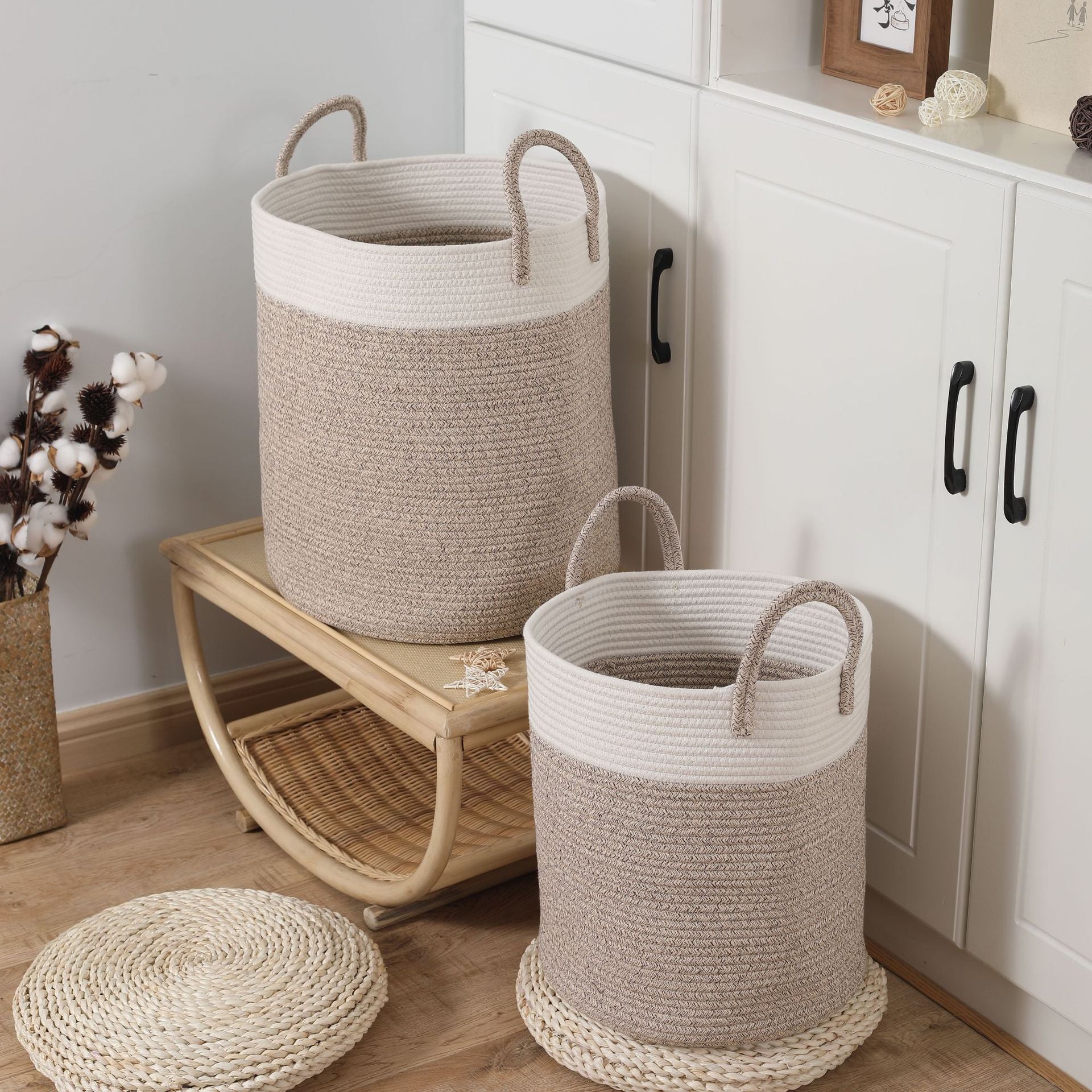 Japanese cotton rope woven storage basket round sundries storage box cotton thread with handle dirty clothes basket toy basket finishing basket