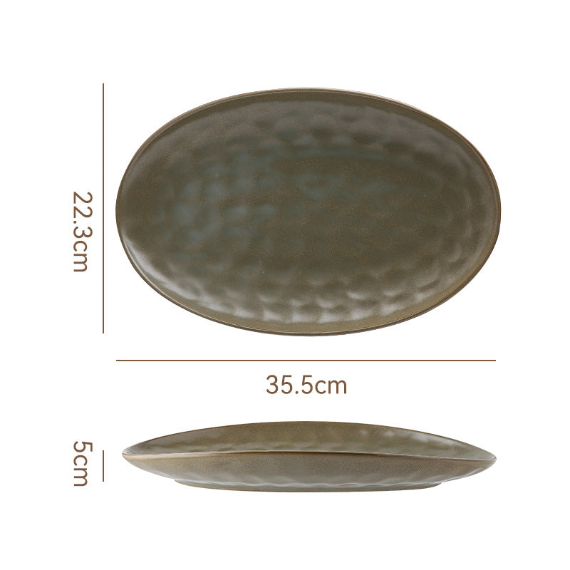 Retro stoneware oval ceramic long plate restaurant for home large capacity stylish fish plate sushi pastry dessert plate