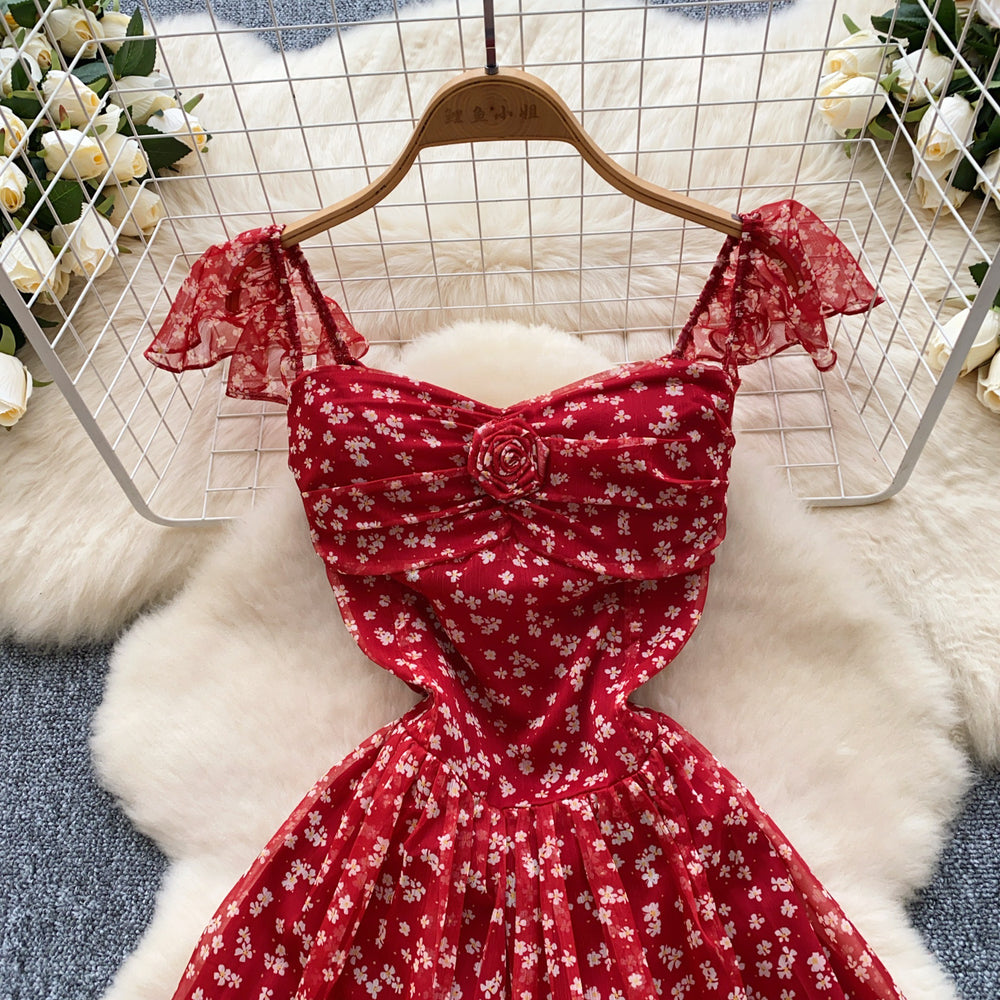 French sweet design hollow-out bow tie backless cinched waist floral dress - ethereal fairycore maxi dress