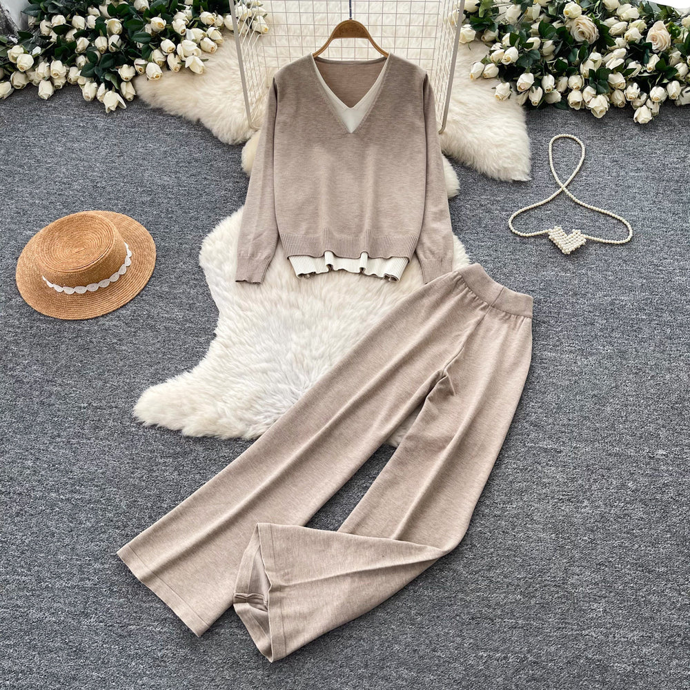 Commuting style long sleevespatchworkv neckknitting shirttwo-piece setfemale autumslimslimming lookloose pantslazysuit light and mature
