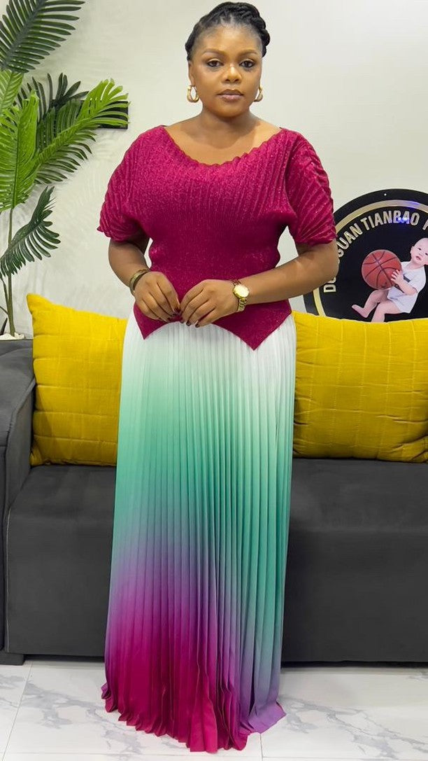 Miya pleated suit women's summer sense of design silm sparkly short sleeve topshigh waist gradient color pleated skirt
