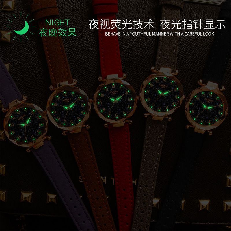 New wholesale women's watches, fashionable and trendy digital face ladies' student starry sky dial quartz wristwatch with leather strap