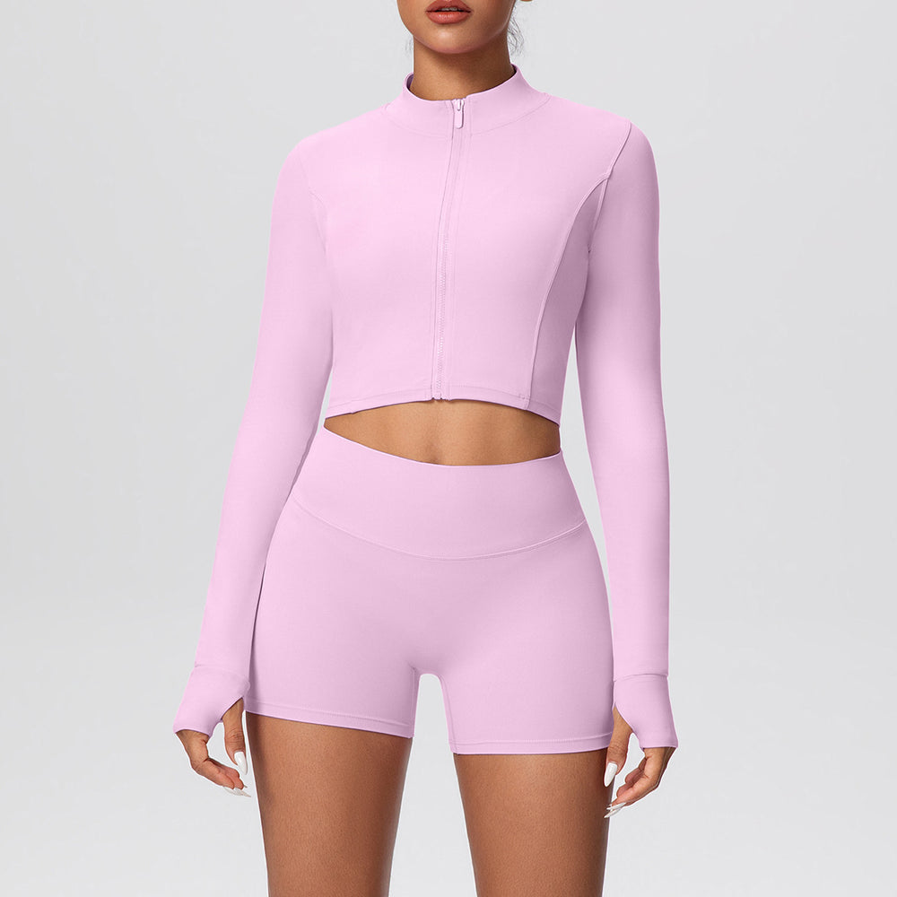 Ready-to-ship cross-border solid color double-sided brushed naked feel cropped jacket set - tight-fitting running, fitness, and yoga two-piece outfit