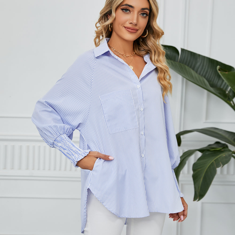 european and american women's clothing cross-border trade independent station  new arrival ruched cuff loose striped shirt top