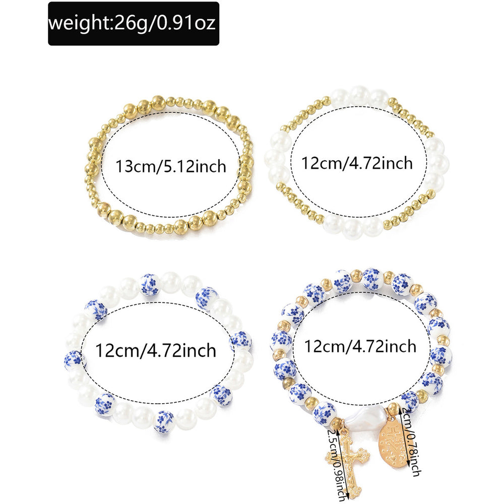 Wholesale blue and white porcelain beaded bracelets - european and american cross-border retro chinese style personalized faux pearl cross pendant jewelry