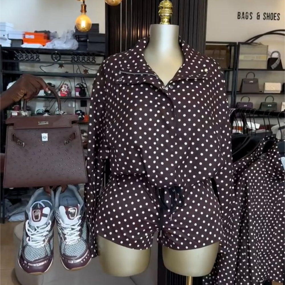 European and american cross-border women's clothing:  summer new collection - chic and sweet polka dot drawstring top and high-waisted shorts set
