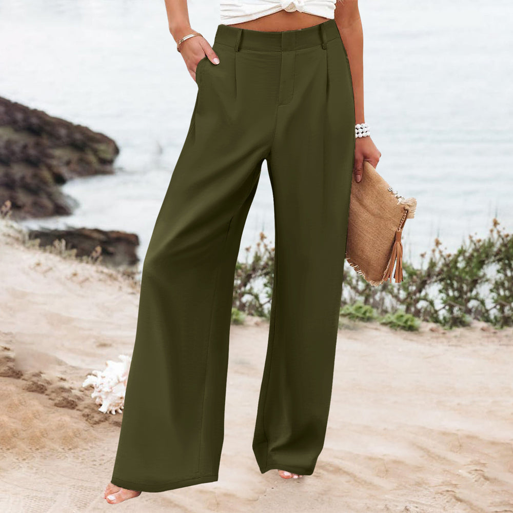 new women's summer fashion loose solid color high waist casual straight leg trousers for cross-border