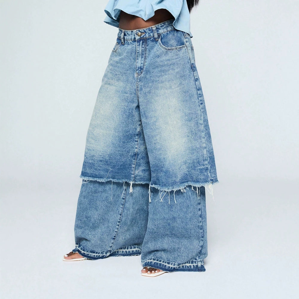 Fashionjeans women's washed fake two-piece raw edge loose pants high waist mop street looseplus sizestraight-legpants