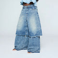Fashionjeans women's washed fake two-piece raw edge loose pants high waist mop street looseplus sizestraight-legpants