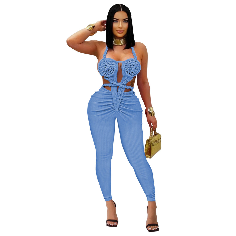 C7489 cross-border   fashion women's casual sexy halter backless solid color jumpsuit