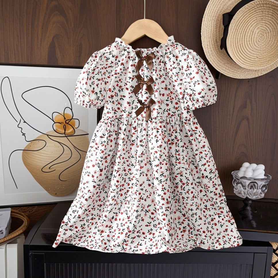 European and american style girls' dress -  summer new arrival - bow accent floral short sleeve dress for girls