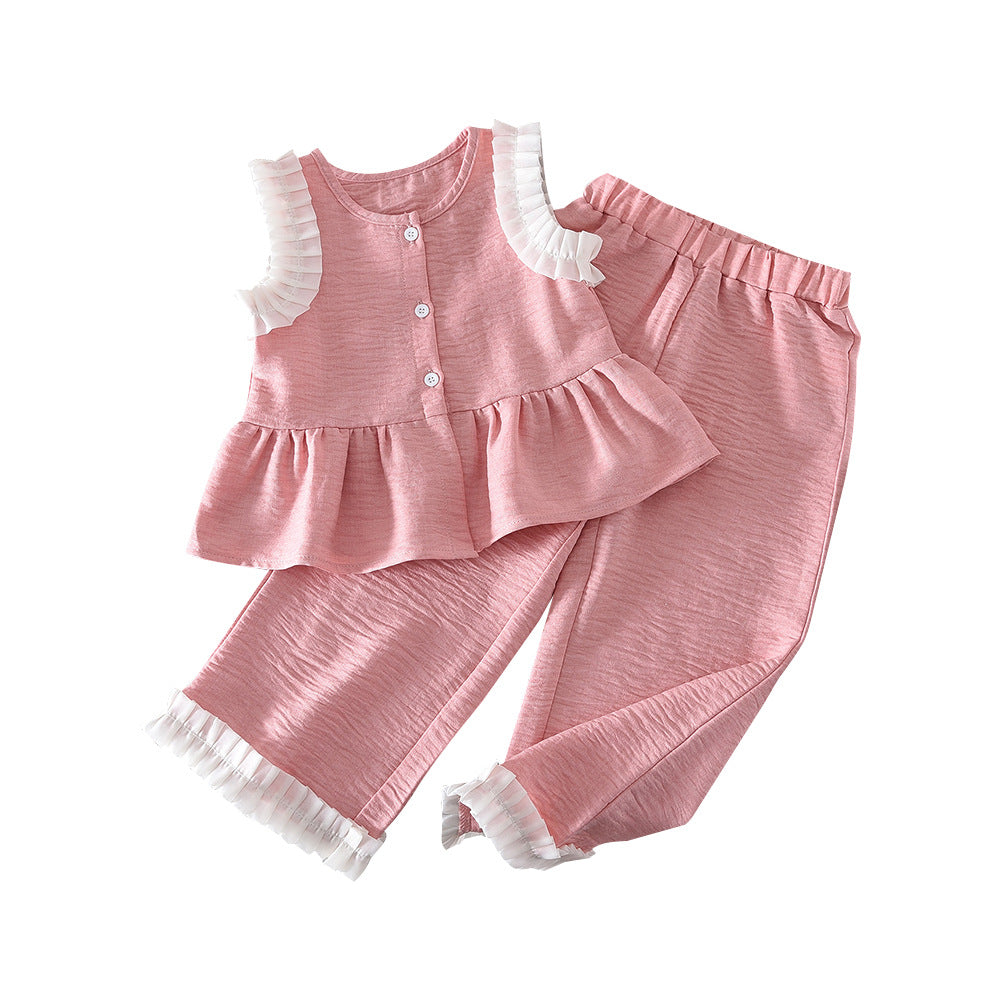 Girls' summer outfit set : new, stylish, and chic lace-trimmed babydoll top with wide-leg pants two-piece set for girls
