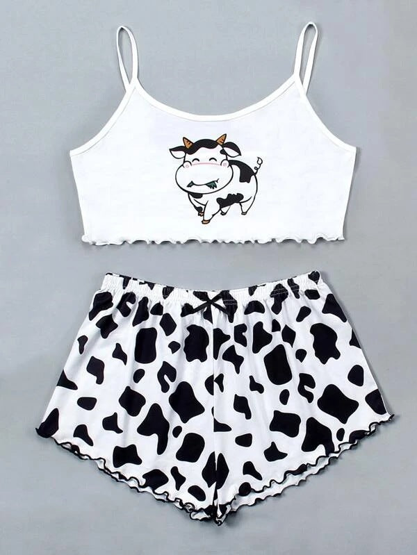 exclusive knitted tank top and camisole set with various pattern prints, comfortable and lightweight women's loungewear pajama set with shorts