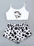 exclusive knitted tank top and camisole set with various pattern prints, comfortable and lightweight women's loungewear pajama set with shorts