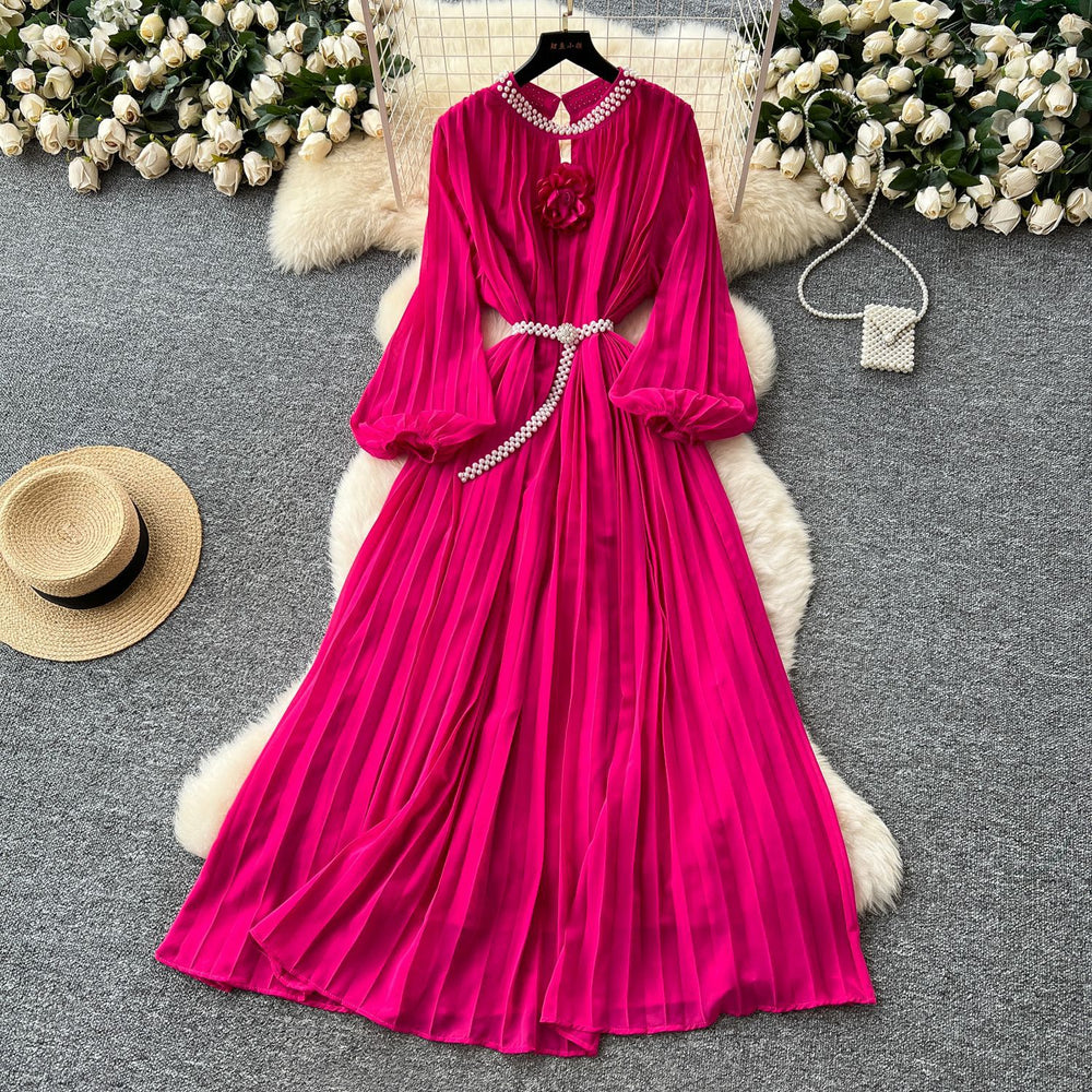 Frenchclassy heavy industry studded cut out round neck stereo flower lantern sleeves strappy waist pleated chiffon dress