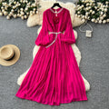 Frenchclassy heavy industry studded cut out round neck stereo flower lantern sleeves strappy waist pleated chiffon dress