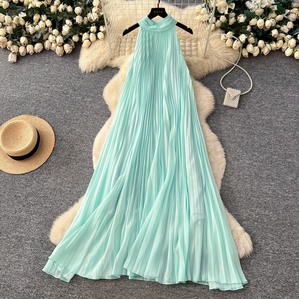 Vacation style halter sleeveless pleated dress women's springk-style heavy industry pleated high waist a-line large swing long skirt