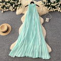Vacation style halter sleeveless pleated dress women's springk-style heavy industry pleated high waist a-line large swing long skirt