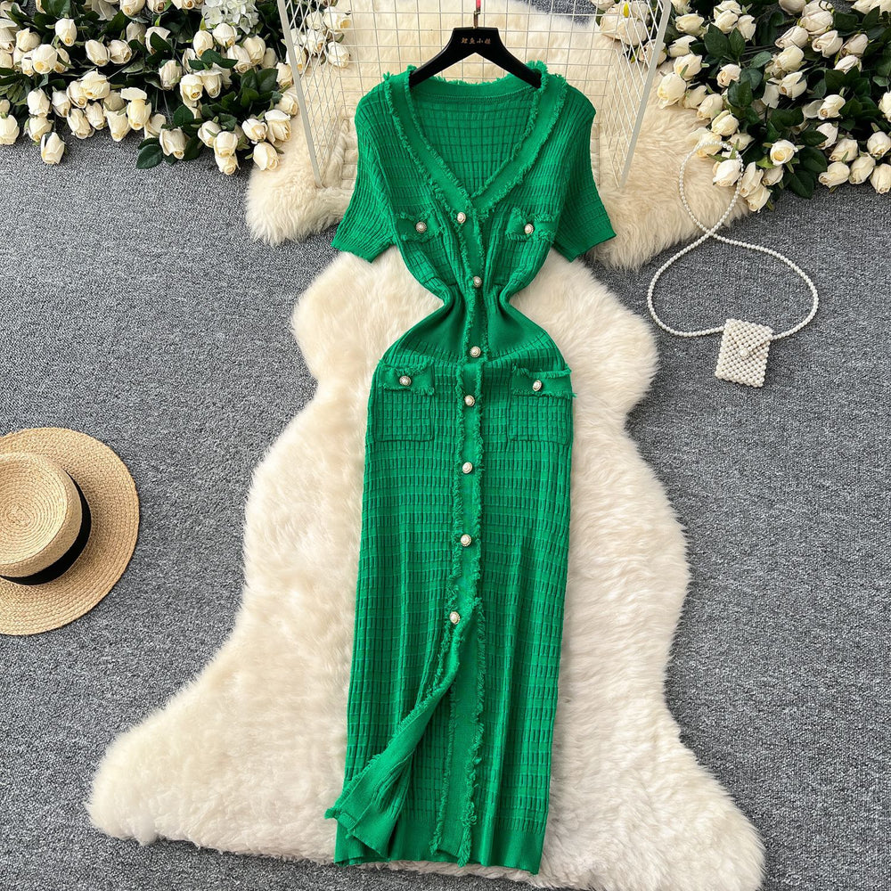 Exportelegance tweed styleretrov neck metal single breasted silmslimming lookelegant hip covering knittingdress spring
