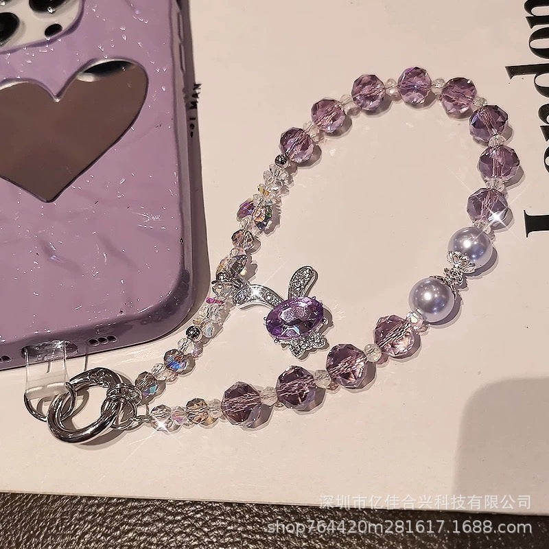 New arrival crystal pearl crystal lanyard beaded mobile phone hanging chain wholesale dream rabbit rhinestone pendant foreign trade cross-border