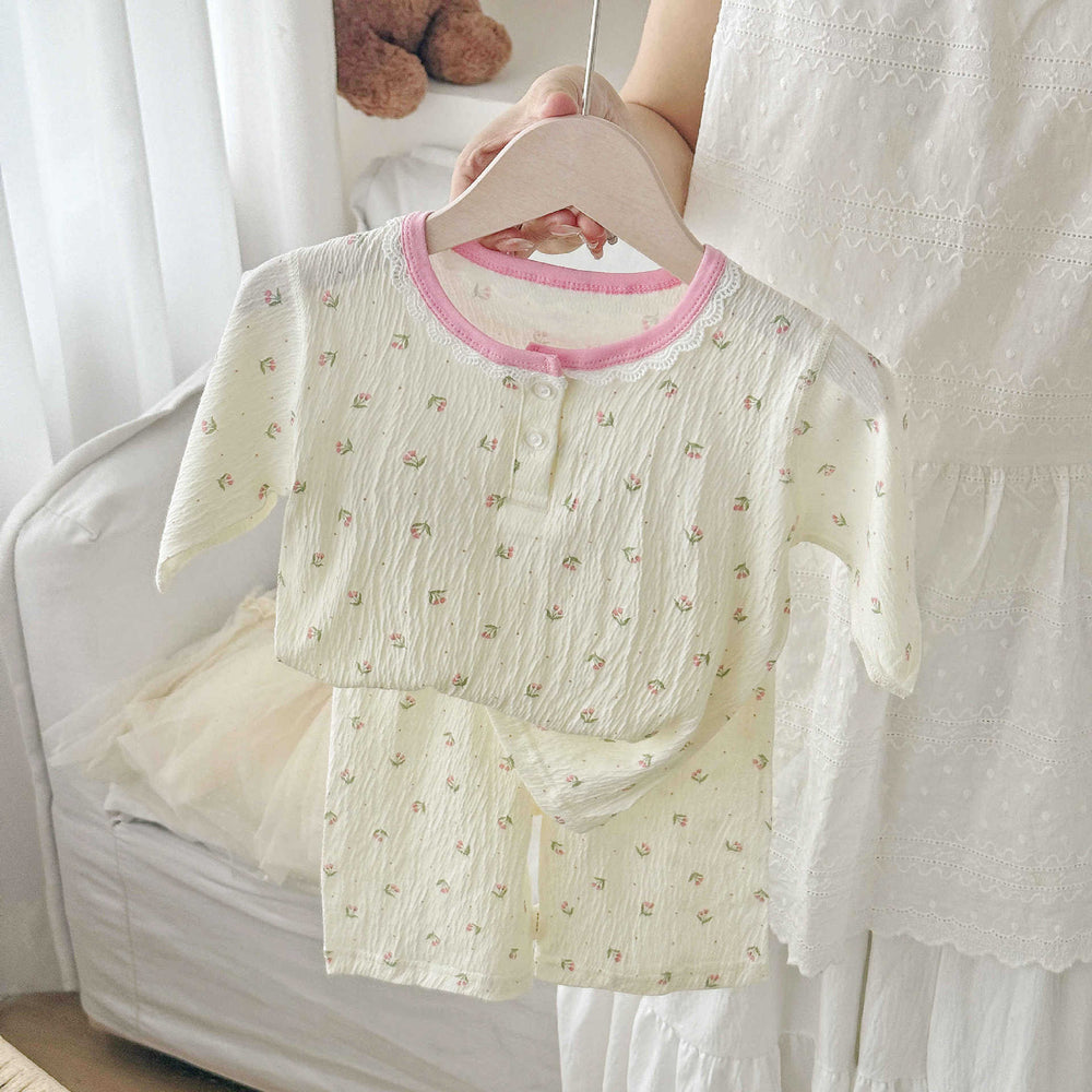 Summer lightweight crinkle cotton baby pure cotton air conditioning suit separates pajamas boys girls three-quarter sleeve loungewear