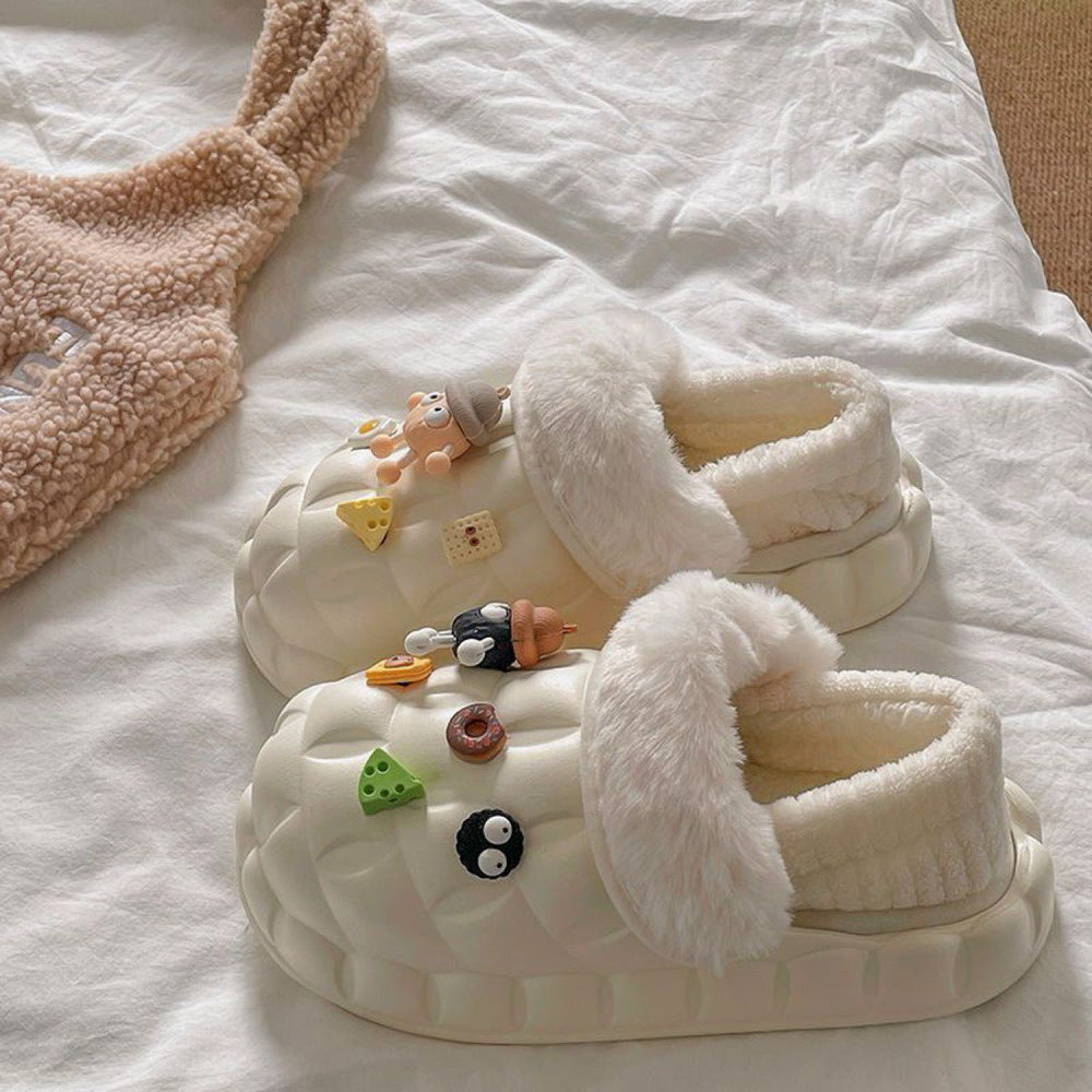 2025 women's winter slippers: cute cartoon design, thick sole, fleece lined, non-slip, wear-resistant, warm, detachable waterproof cotton shoes