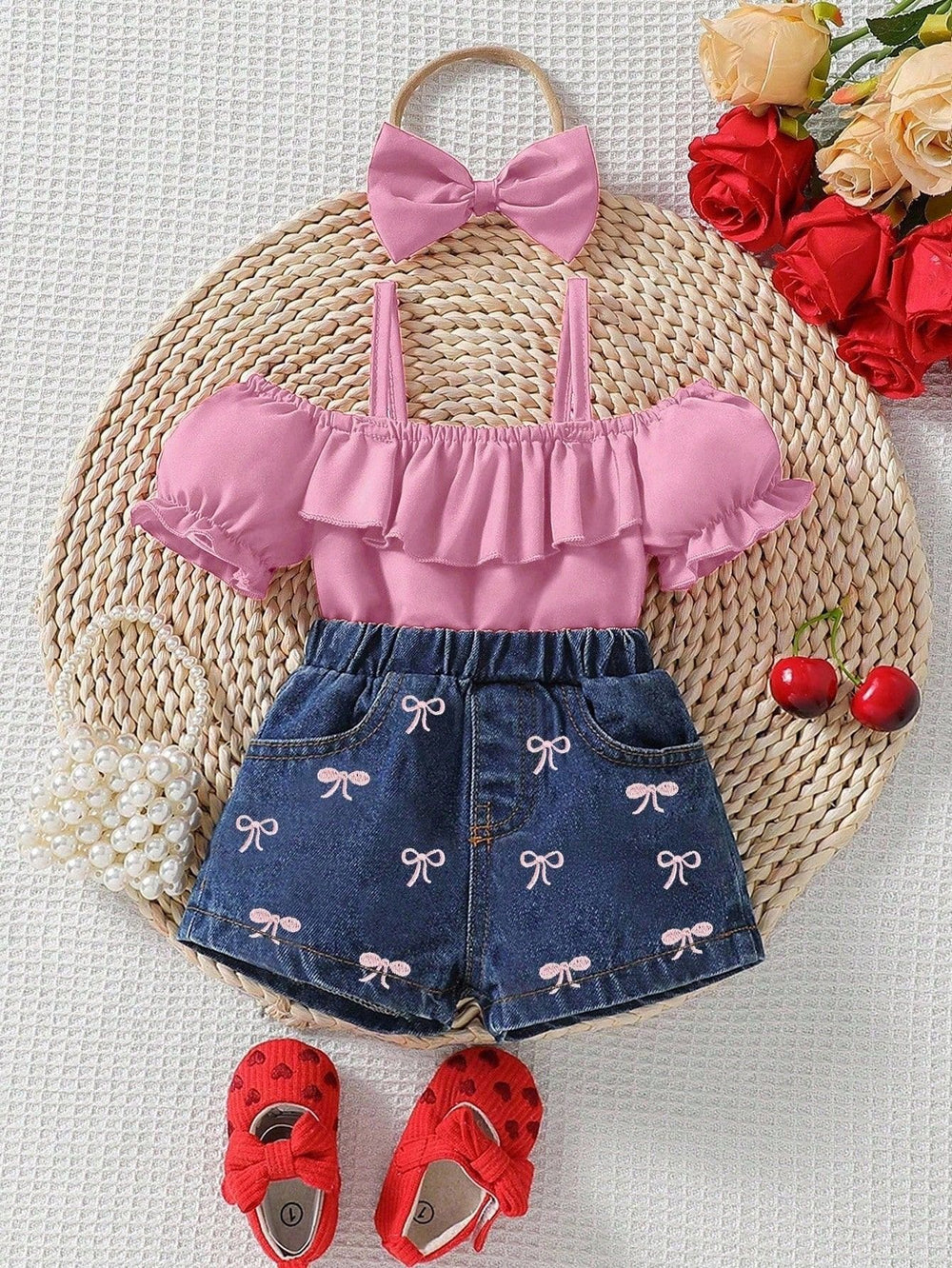 hot selling baby girl one shoulder ruffle suspender tops bows embroidered denim short suit with headscarf