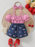 hot selling baby girl one shoulder ruffle suspender tops bows embroidered denim short suit with headscarf