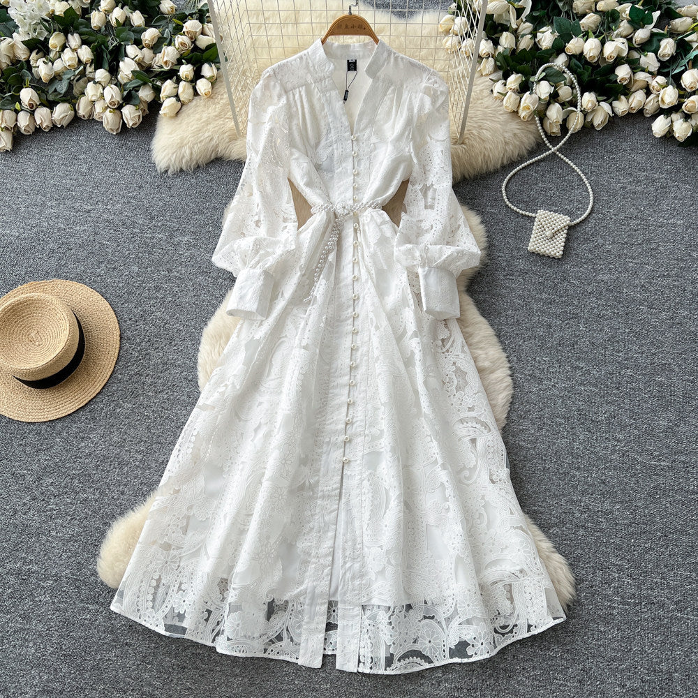 Accessible luxuryclassyheavy industry mesh embroidercut outdress women's long sleeves waist slimming lookwork clothingelegancea-line skirt