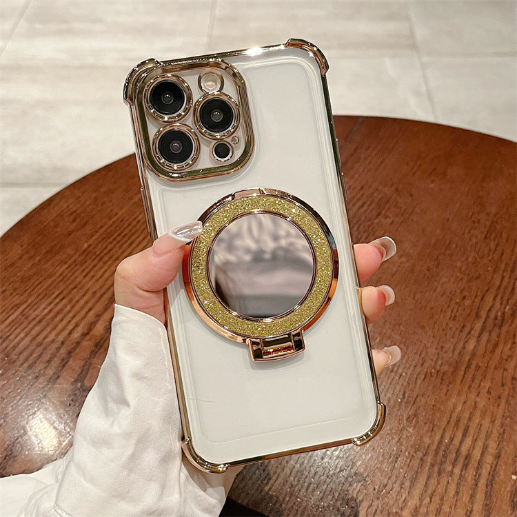 Four-corner electroplated glitter mirror phone case for apple 16 pro, iphone 12/11 with ring stand