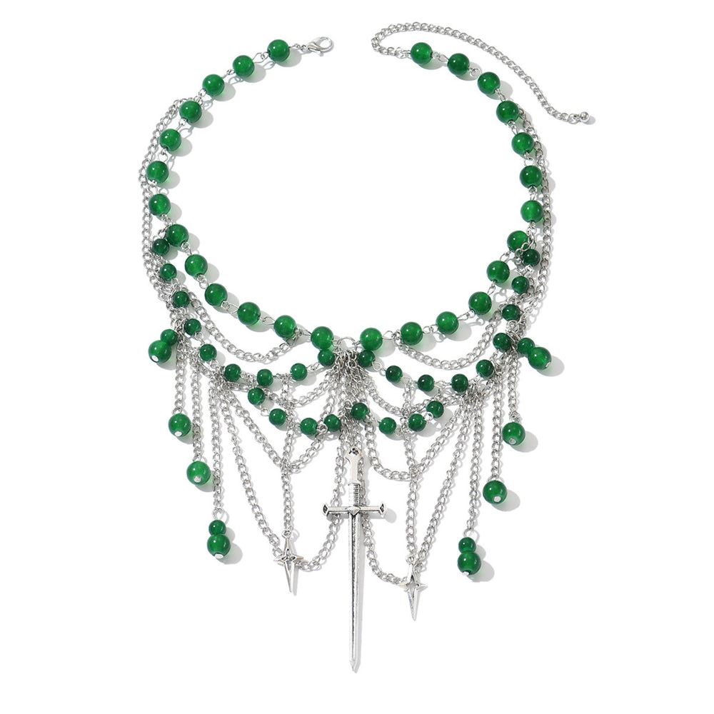 Stacked tassel necklace wholesale european and american cross-border retro gothic style accessories green beaded multi-layer choker necklace