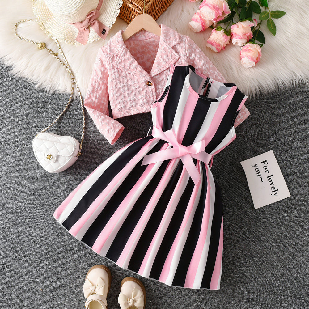 Girls' two-piece foreign trade dress set: yellow and black vertical striped sundress with jacquard cardigan and collared jacket