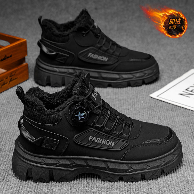 Winter men's shoes 2025 new fleece-lined warm swivel buckle high-top sneakers outdoor work boots martin boots cotton shoes