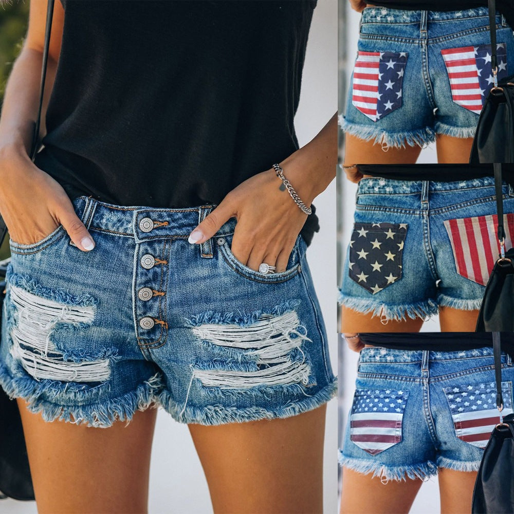 European and american cross-border women's fashion: new  style american flag  print slim-fit distressed single-breasted denim shorts