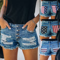 European and american cross-border women's fashion: new  style american flag  print slim-fit distressed single-breasted denim shorts
