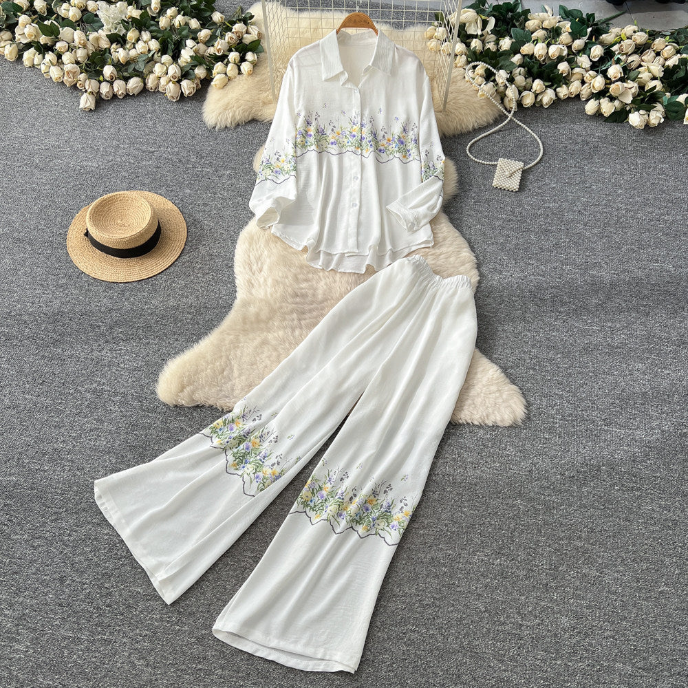 High-end embroidered floral shirt and wide-leg pants set - elegant two-piece outfit for women, new spring collection, commute-friendly, stylish and versatile