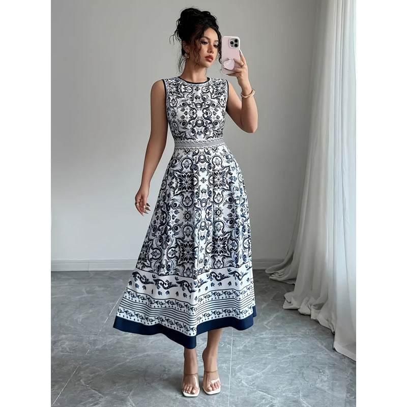 listing: new  women's original elegant vacation style sleeveless printed dress