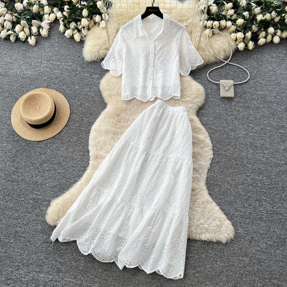 Vacation style pink cut outlacetwo-piece set women's summer short-sleeved intellectual high waistslimming lookwork clothingelegantsuit