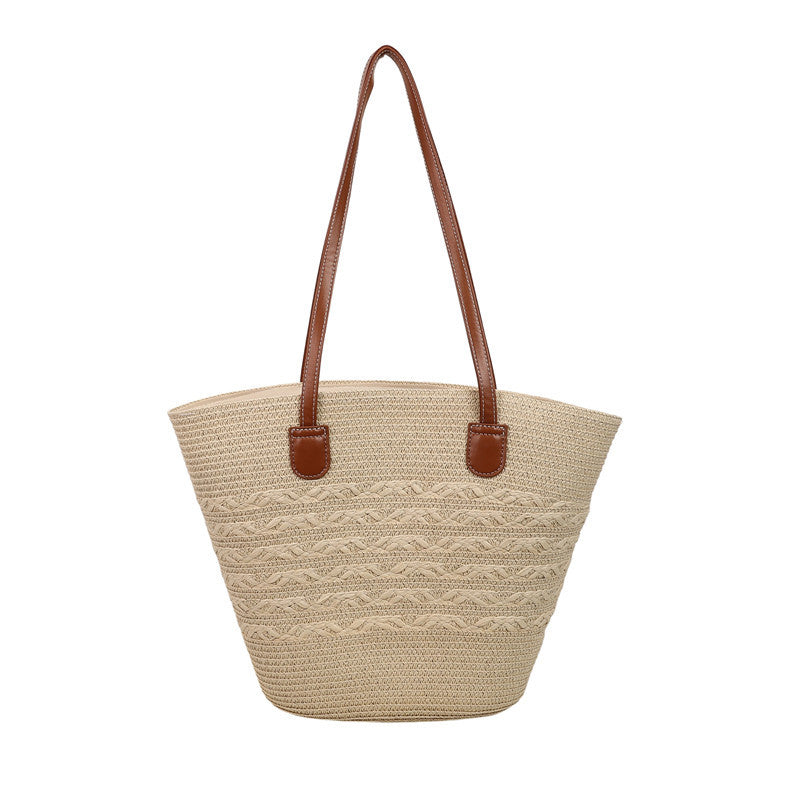 Large capacity straw woven bag women's new patchwork striped handbag fashionable knitted bag high-end tote beach bag