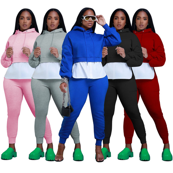 YZ1357 European and American  women's clothing   casual autumn and winter models with clothes, hats, wrinkled sleeves, two-piece splicing